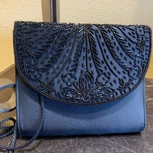 Nice Beaded Satin Evening Bag / Clutch - Black - Excellent Condition